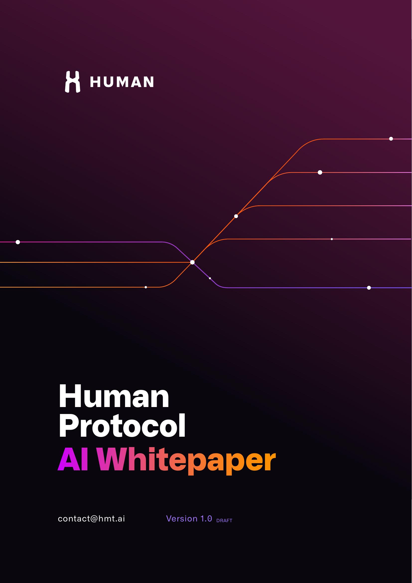 Cover of the HUMAN Protocol AI Whitepaper — dark gradient with the HUMAN logo and orange-magenta inference lines.